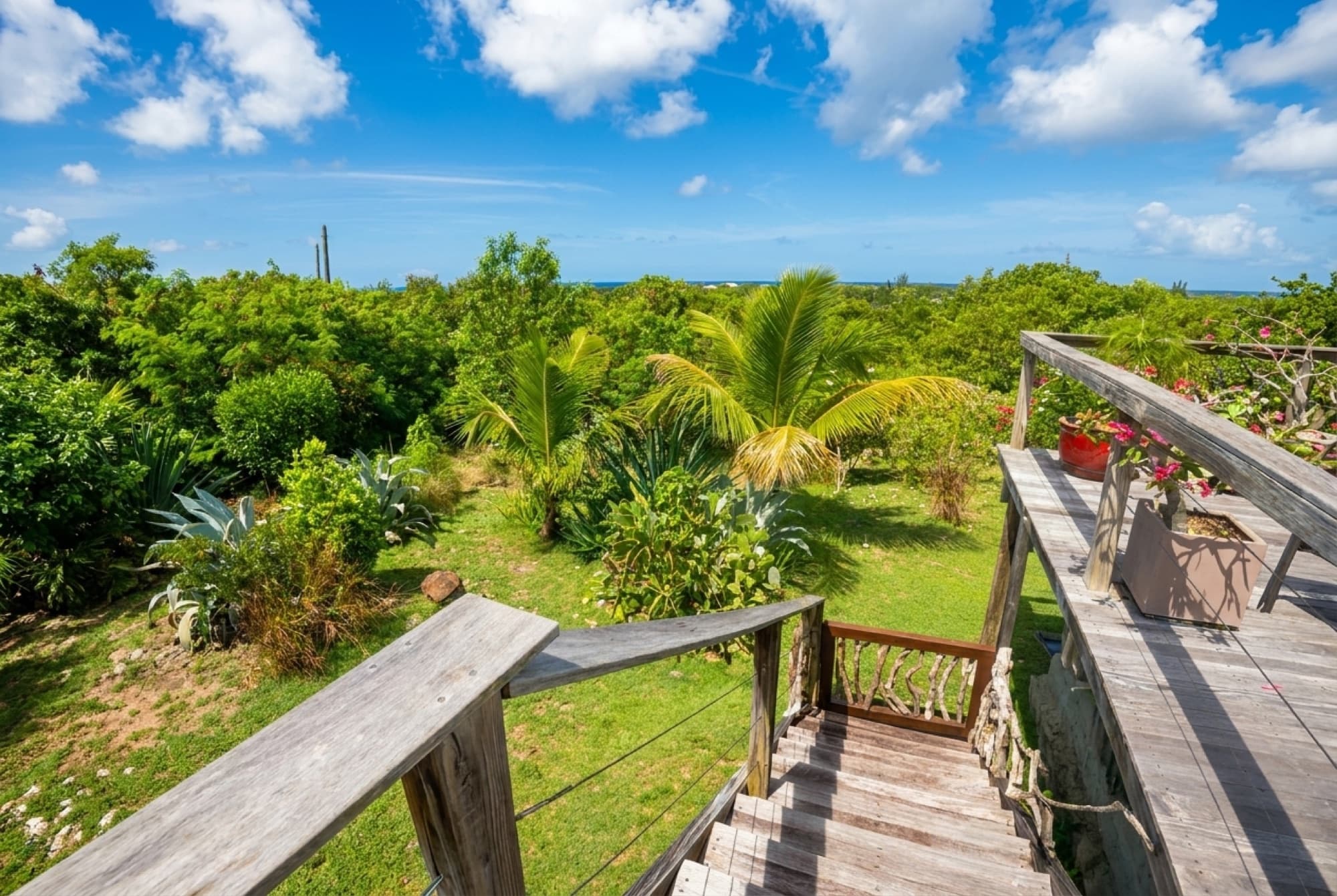 Wooden steps leading from the deck down into the tropical garden with sea beyond