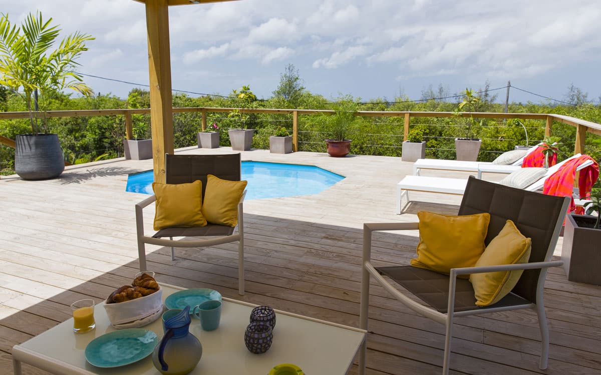 Octagonal plunge pool embedded in the wooden deck