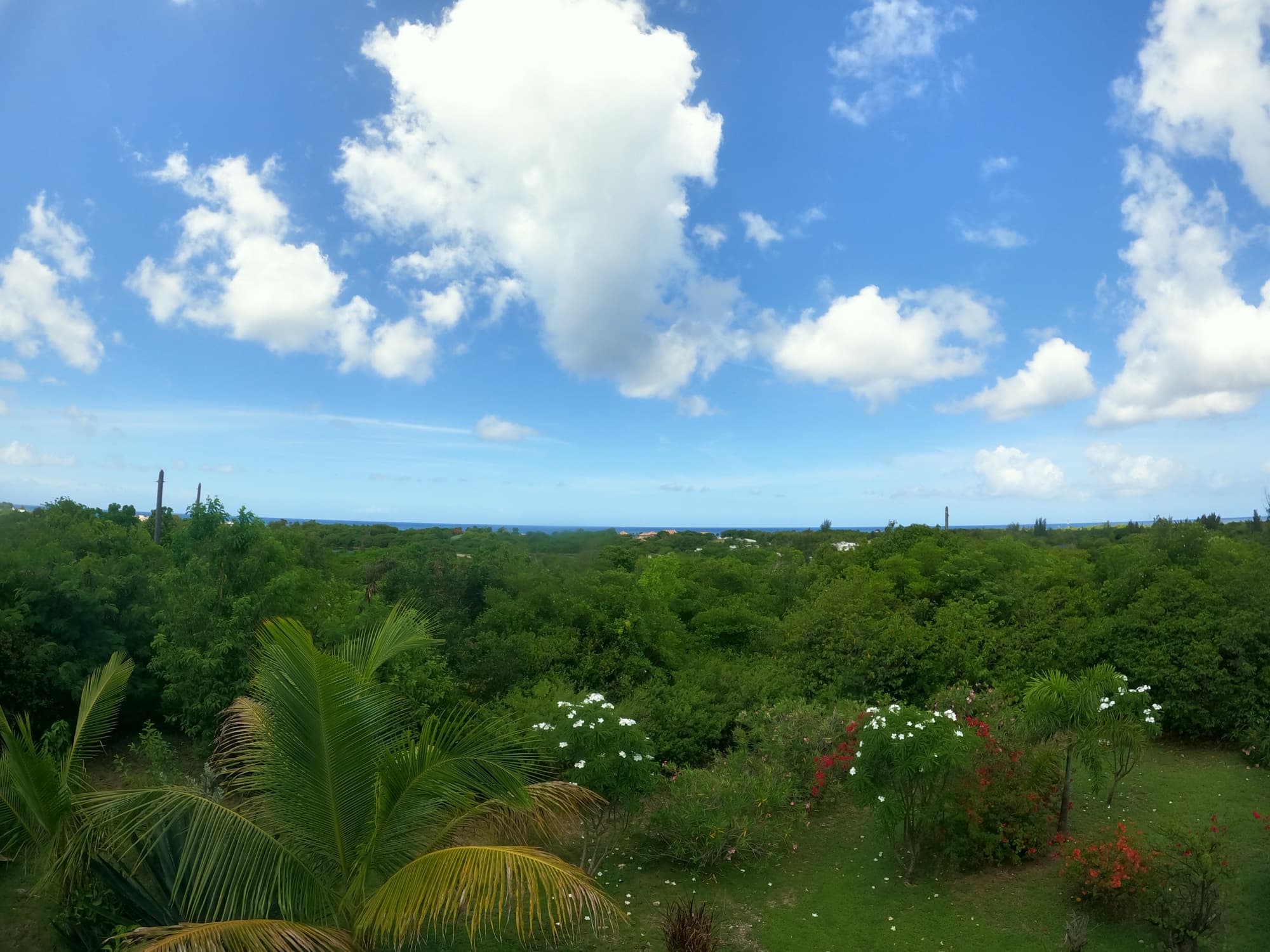 View from the villa deck over the tropical garden to the Caribbean Sea