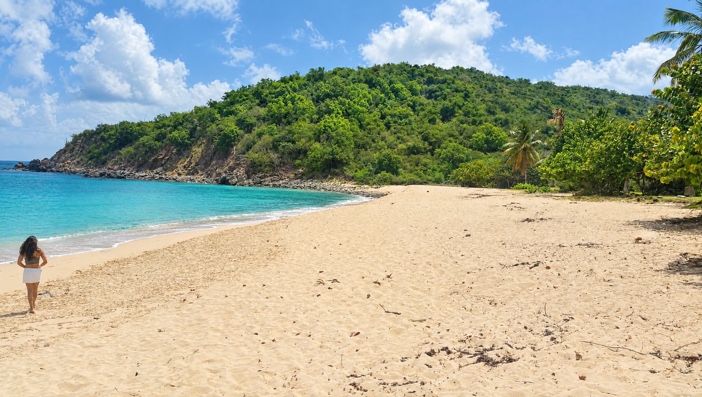 Happy Bay, une plage sauvage de sable clair adossée à une colline verte, avec une personne qui marche au bord de l’eau