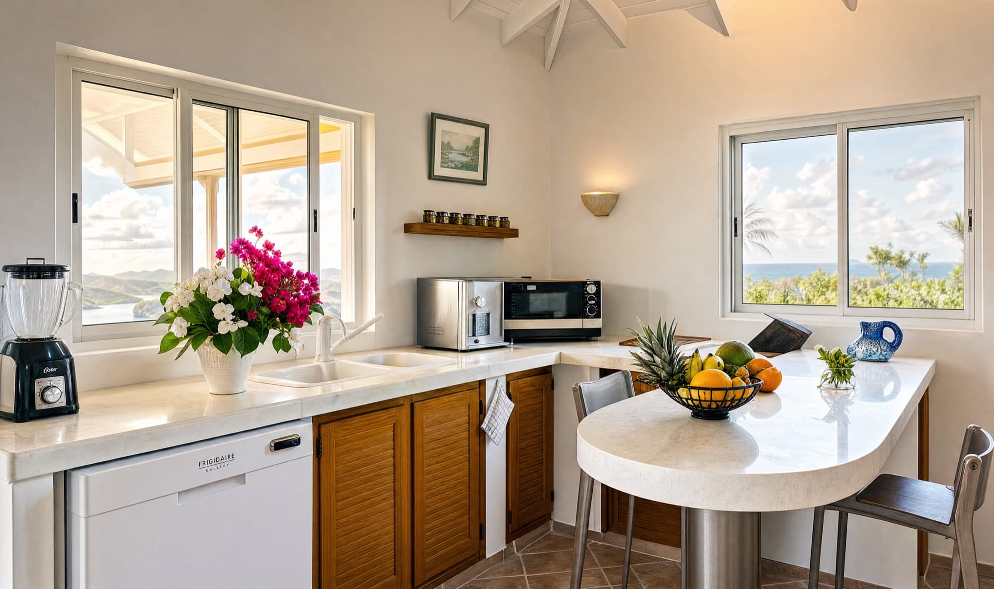 Fully equipped kitchen with sea views from the windows