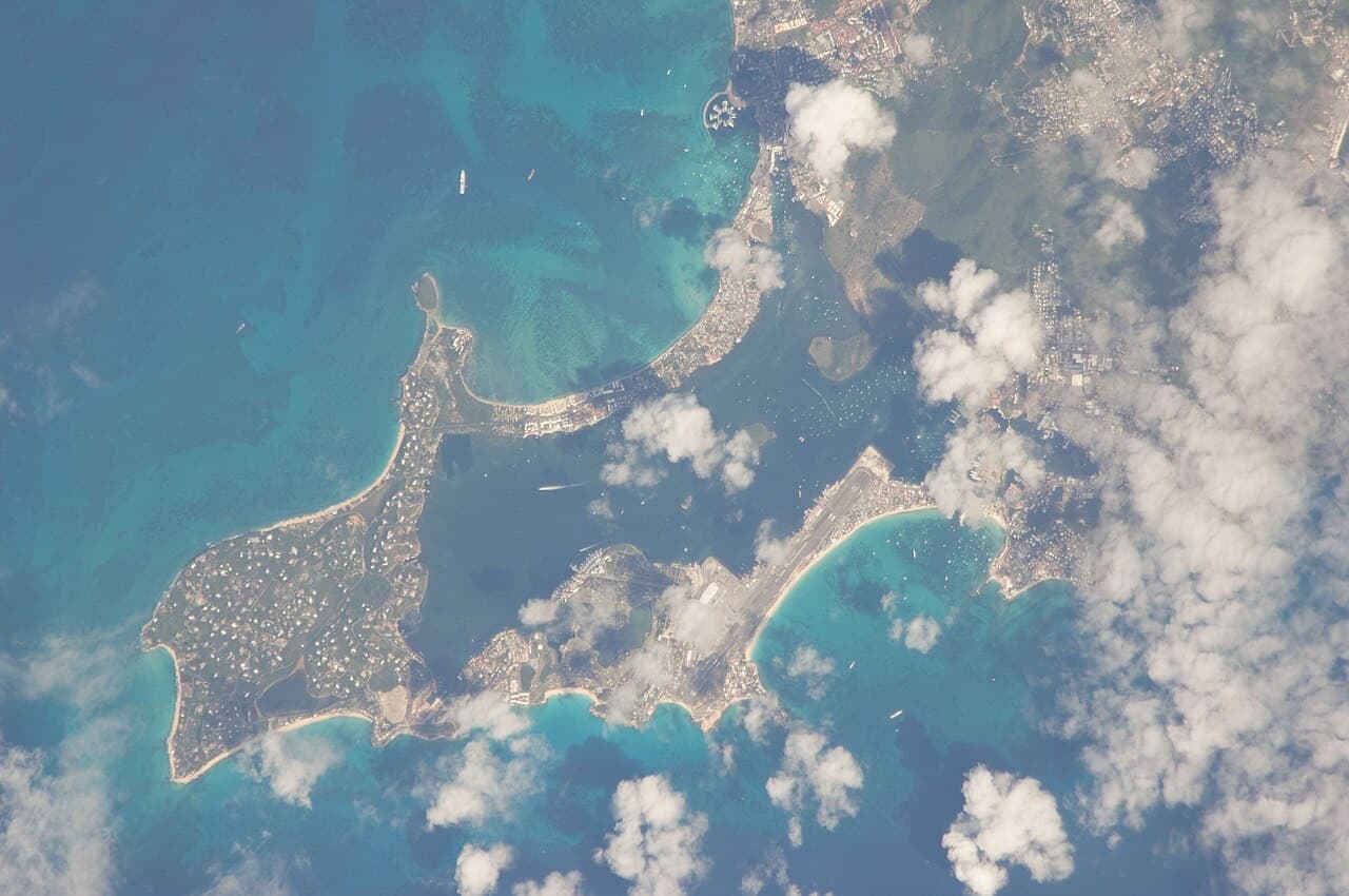 Satellite photo of western St. Martin showing Terres Basses, Simpson Bay Lagoon and the airport runway
